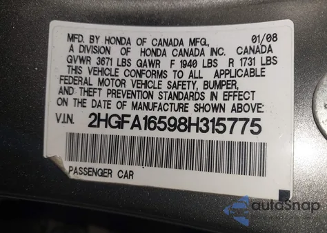 2008 Honda Civic Lx из США, поврежденный, VIN 2HGFA16598H315775